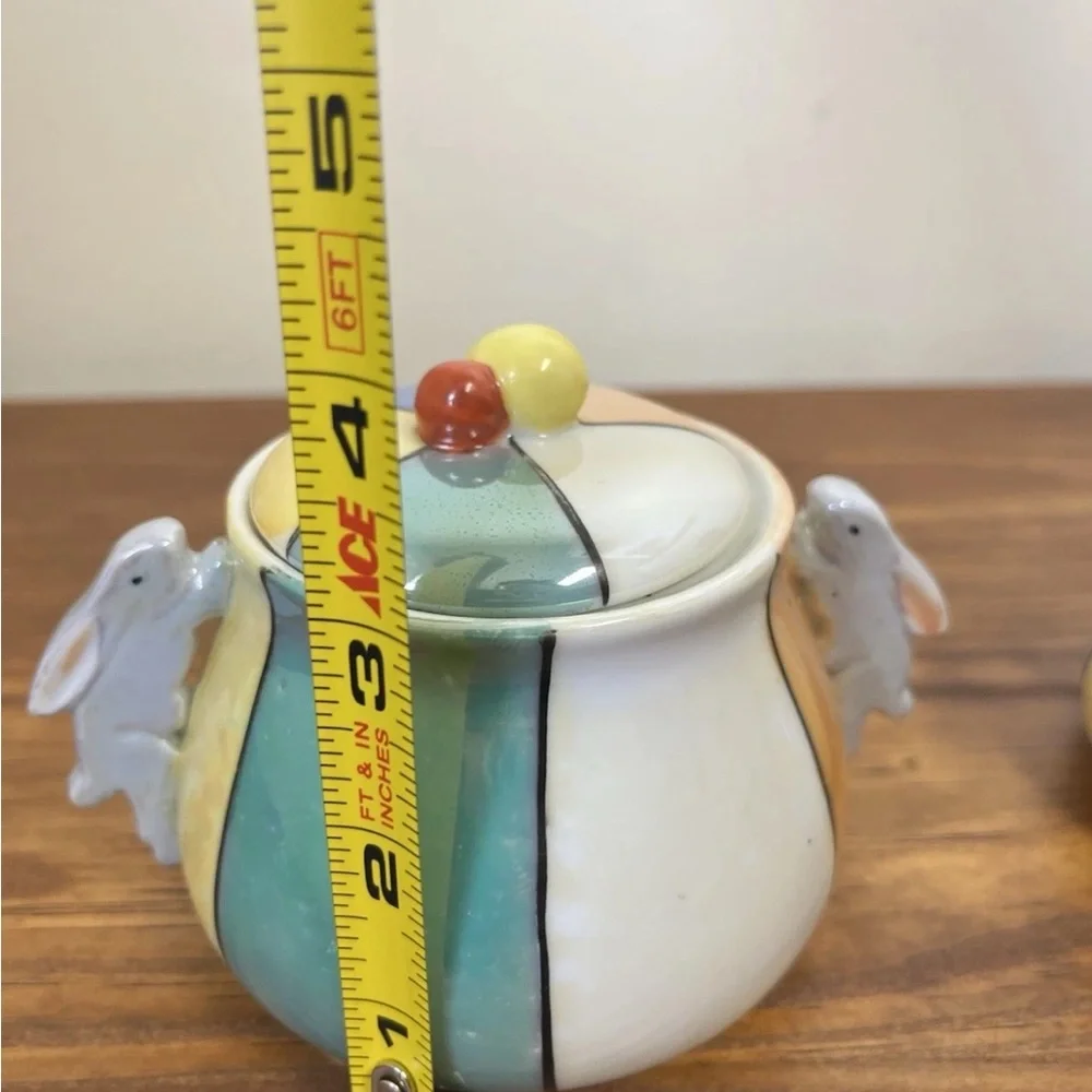 Vintage Japanese Lusterware Creamer & Sugar Wth Rabbit Handle Pastel/Harlequin